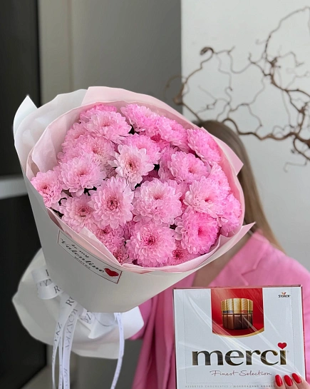 Комбо из 5 хризантем и Merci  с доставкой по Астане