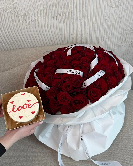 Комбо букет из 101 розы и бенто тортика  с доставкой по Астане