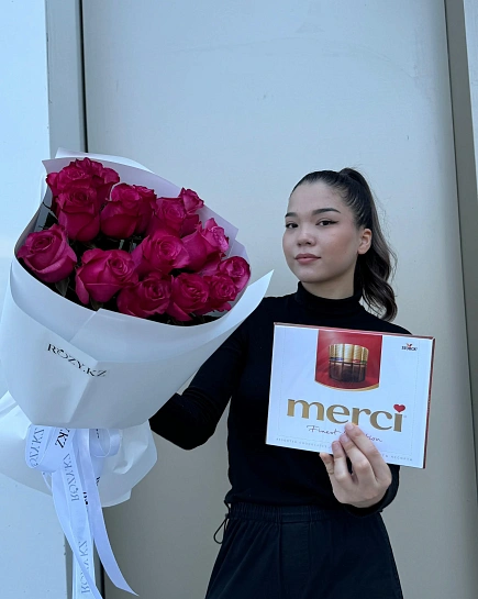 Комбо из 25 роз и Merci с доставкой по Astana